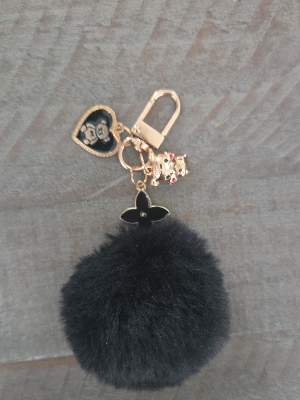 Black Furry Pom Keychain with Gold Charms - Women Accessories